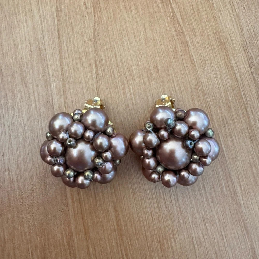 Vintage Coffee Pearl Cluster Clip On Earrings